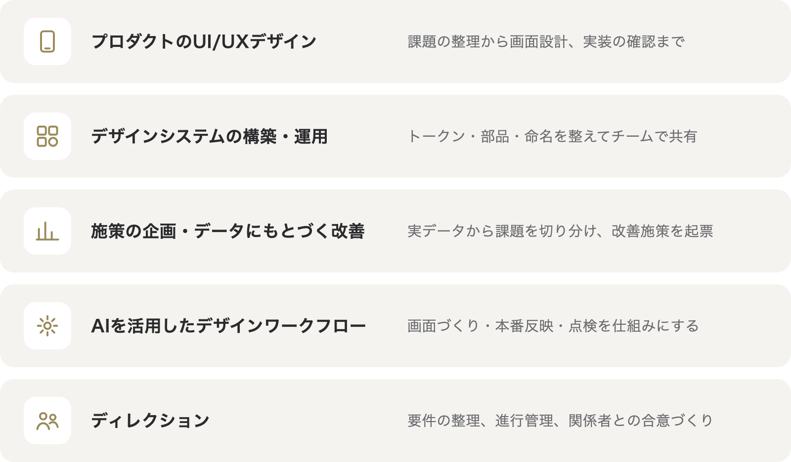 できること：プロダクトのUI/UXデザイン、デザインシステムの構築・運用、施策の企画・データにもとづく改善、AIを活用したデザインワークフロー、ディレクション